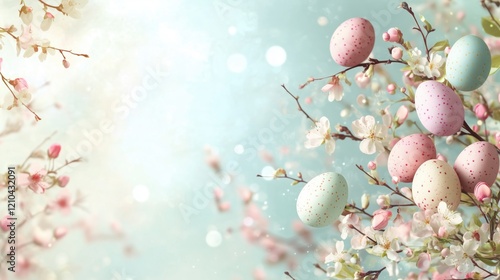 Surrounded by spring blossoms, the pastel Easter eggs add a touch of elegance and celebration to the delicate holiday setting. photo