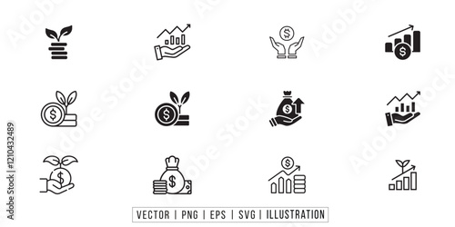 investment icon set, Inflation icon. Price Increase, Cost Surge, Inflation Rate, Economic Impact and Consumer Prices, cash, saving, financial goal, profit, budget, mutual fund, earning money.