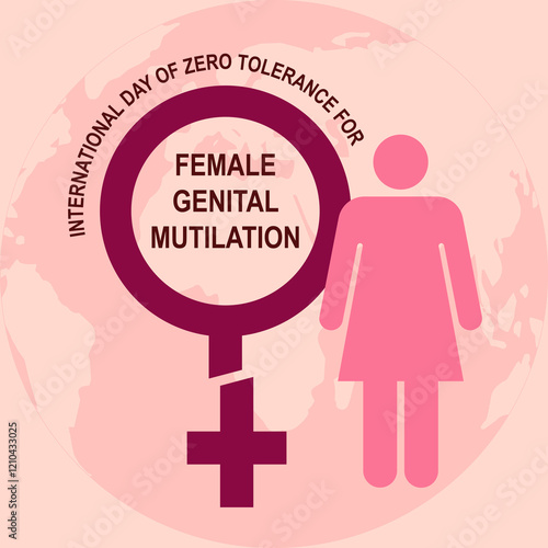 International Day of Zero Tolerance for Female Genital Mutilation ector art. A divided female gender symbol and a female silhouette on a pink setting. photo