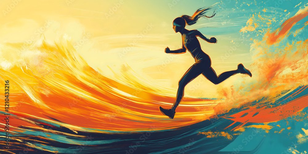 Naklejka premium Vibrant illustration of a runner in motion against a dynamic background of fiery waves, symbolizing energy, determination, and freedom for concepts related to sports, inspiration, or perseverance