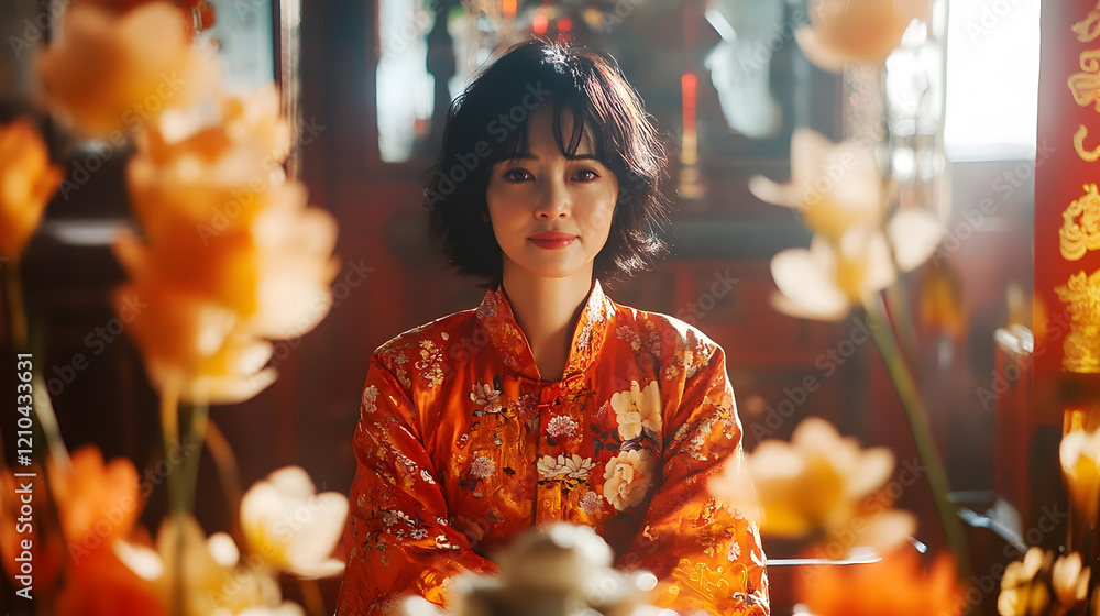 Elegant Woman in Traditional Chinese Attire Surrounded by Autumn Blooms : Generative AI Elegant Woman in Traditional Chinese Attire Surrounded by Autumn Blooms : Generative AI