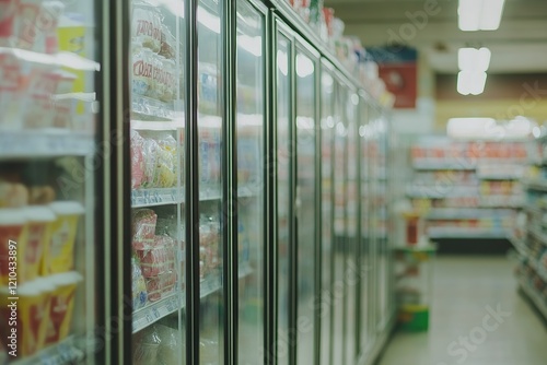 A close-up of the frozen food aisle in a grocery store, with glass freezers filled