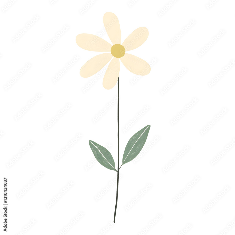 Minimalist Daisy Flower Illustration with Rounded White Petals and Yellow Center, Kids' Design Minimalist Daisy Flower Illustration with Rounded White Petals and Yellow Center, Kids' Design