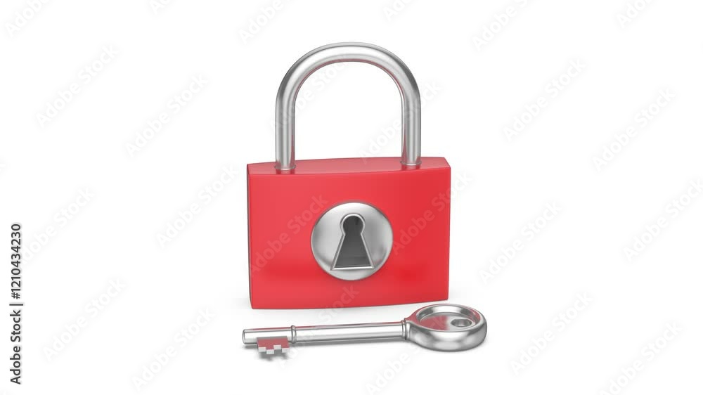 Red padlock and silver key on white background Red padlock and silver key on white background