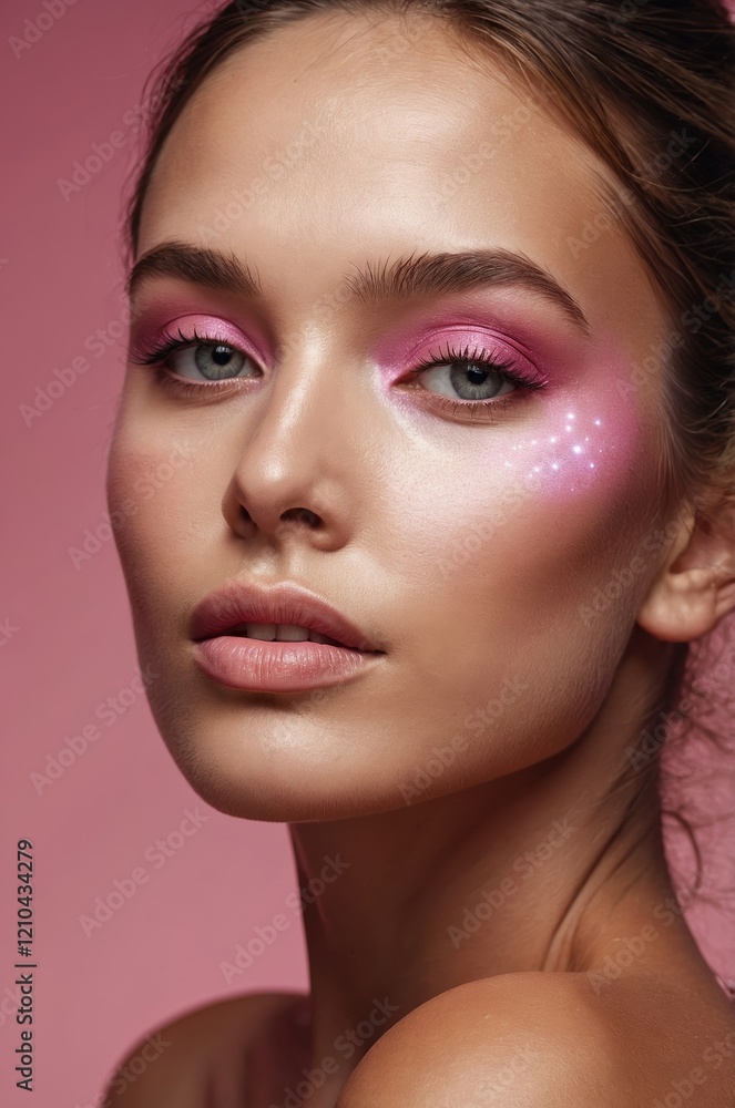 Bright and artistic makeup showcases a model with pink tones against a soft pink background in a beauty shoot Bright and artistic makeup showcases a model with pink tones against a soft pink background in a beauty shoot
