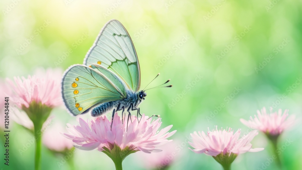 Naklejka premium Summer photo with a butterfly sitting on a summer flower. There is a bokeh-style field all around, drenched in the sun and with a place for text.