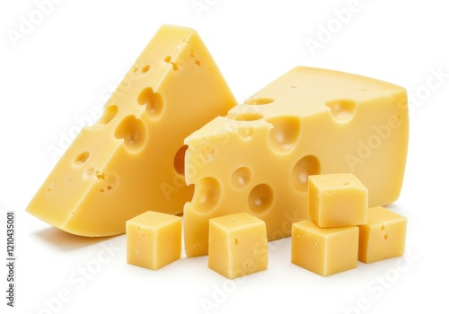 Blocks of yellow cheese with holes, along with small cheese cubes isolated on white background