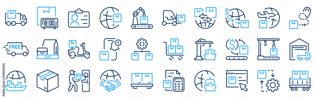 Delivery line web icons. Value chain, logistic, manufacturing, commerce. Outline icon collection. Vector illustration. Editable stroke Delivery line web icons. Value chain, logistic, manufacturing, commerce. Outline icon collection. Vector illustration. Editable stroke