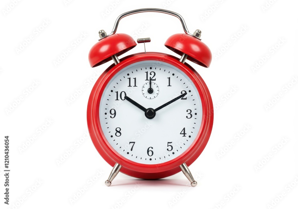 A classic red alarm clock with two bells on top and a white clock face displaying the time isolated on white background A classic red alarm clock with two bells on top and a white clock face displaying the time isolated on white background