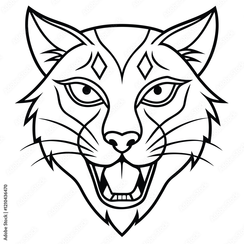 Obraz premium A minimalist line art design of a big cat head, showcasing sharp angular lines and flowing curves to highlight with piercing eyes