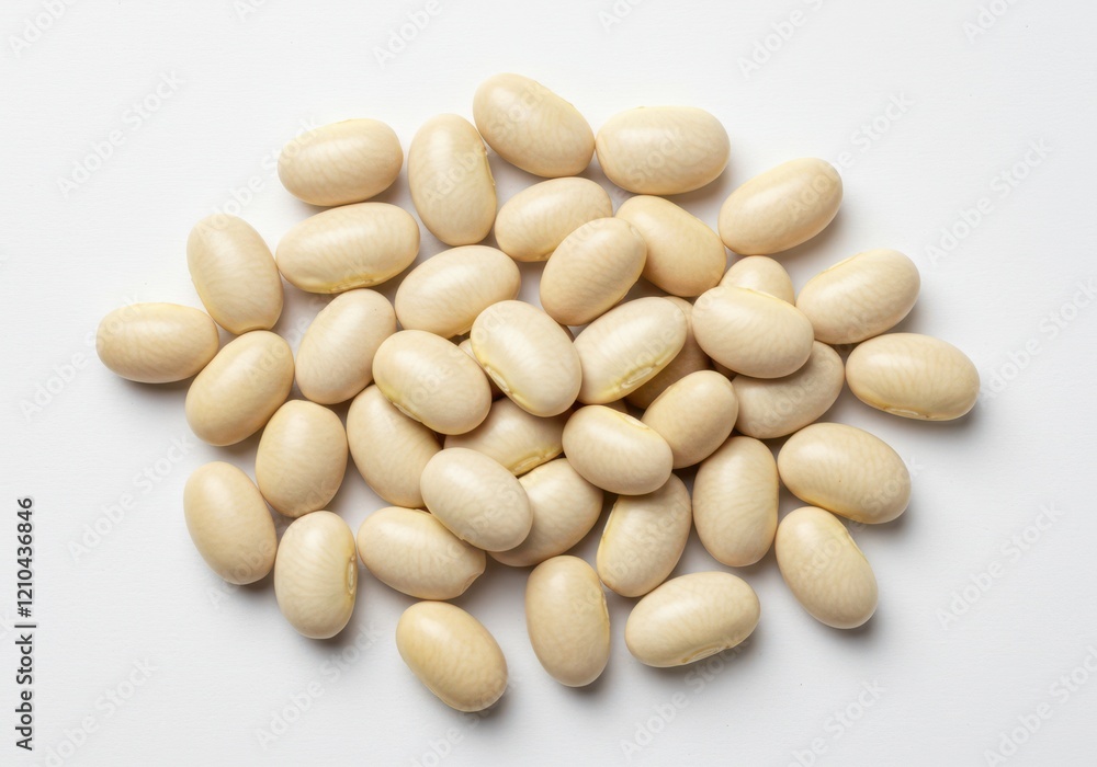 A scattered group of white beans each bean displayed in different angles for a natural arrangement isolated on white background A scattered group of white beans each bean displayed in different angles for a natural arrangement isolated on white background