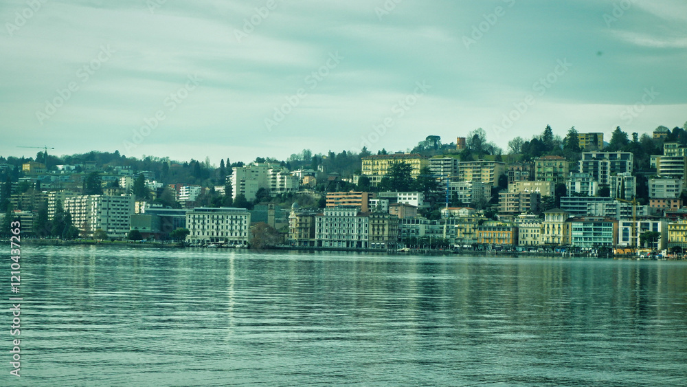 Naklejka premium Twilight over the lake Lugano in Ticino, Switzerland