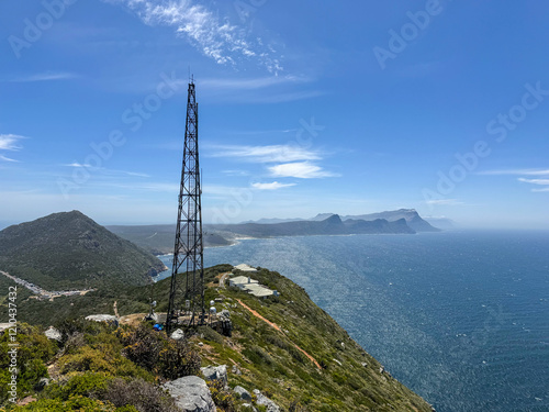 Communication tower at Cape point, view from the lighthouse, South Africa. Good Hope cape land