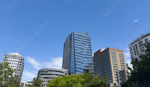 Cape town city skyscrapers against blue sky, high rise office buldings. South Africa