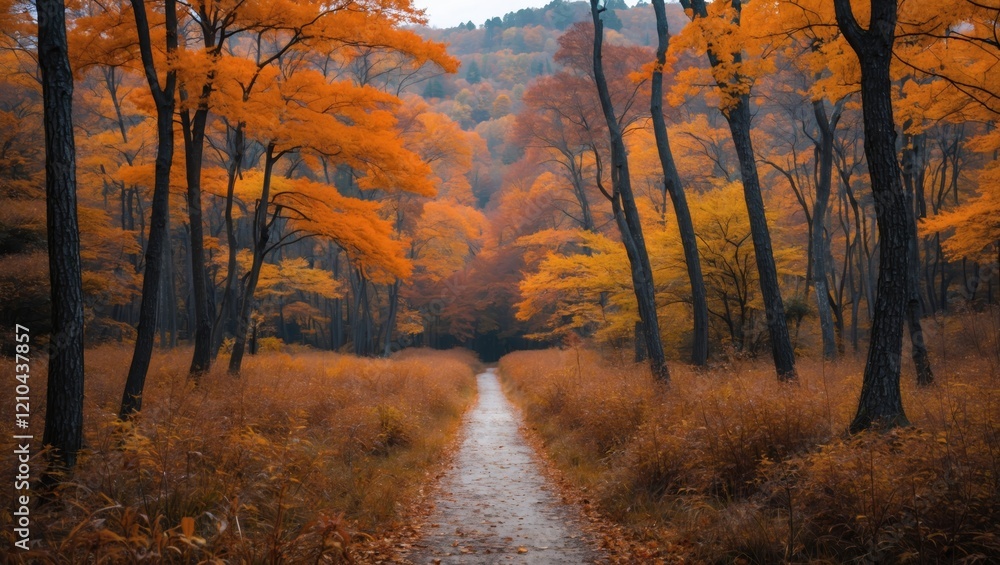 Fototapeta premium Tranquil autumn trail through montseny forest's beauty