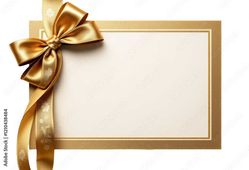 Fototapeta premium Elegant golden gift card with satin ribbon and ornate textured border for holidays and special occasions
