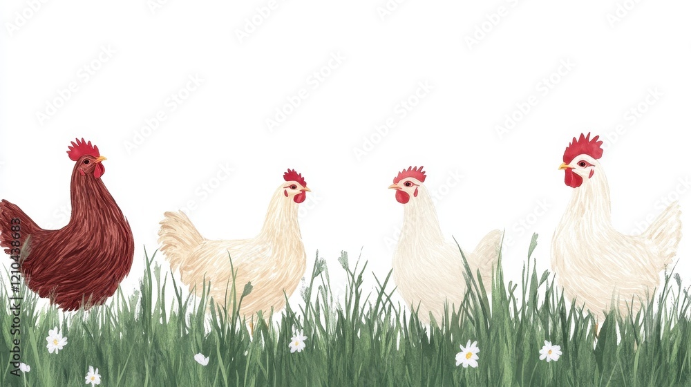 Fototapeta premium Chickens grazing peacefully in a field of green grass surrounded by wildflowers.