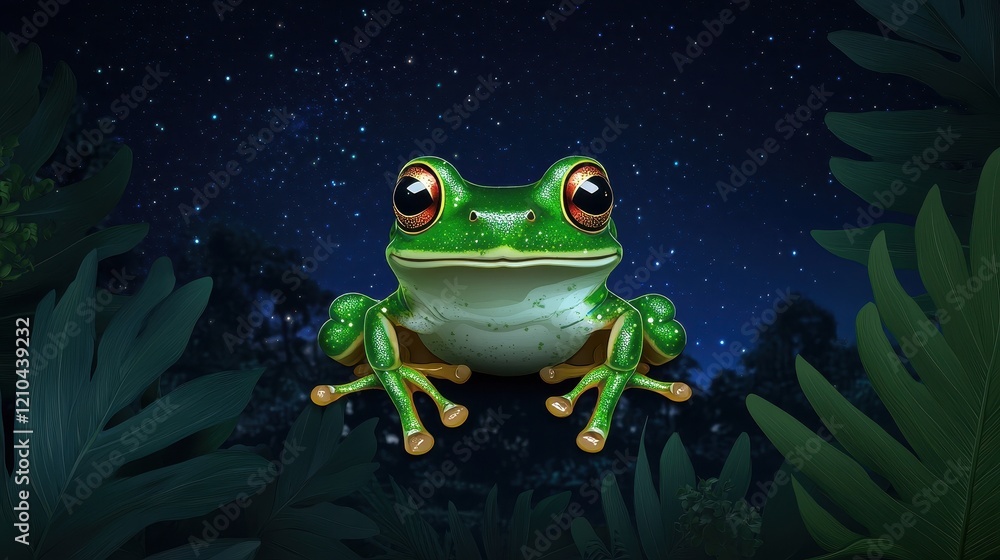A vibrant green frog perched among lush foliage under a starry night sky. A vibrant green frog perched among lush foliage under a starry night sky.
