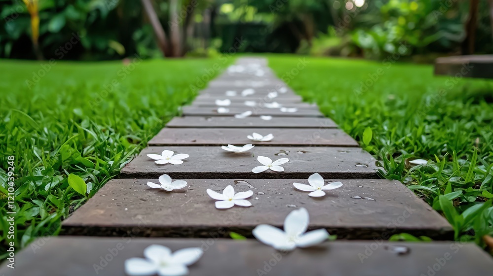 Serene Garden Path with White Flowers Serene Garden Path with White Flowers