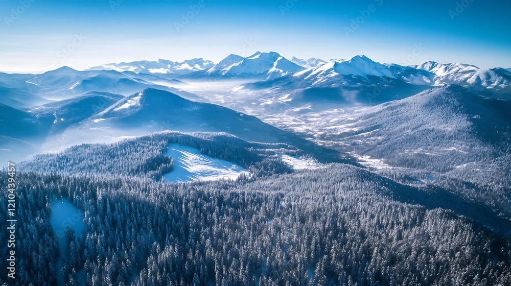 Fototapeta premium Aerial View of a Snow-Covered Mountain Range in Winter