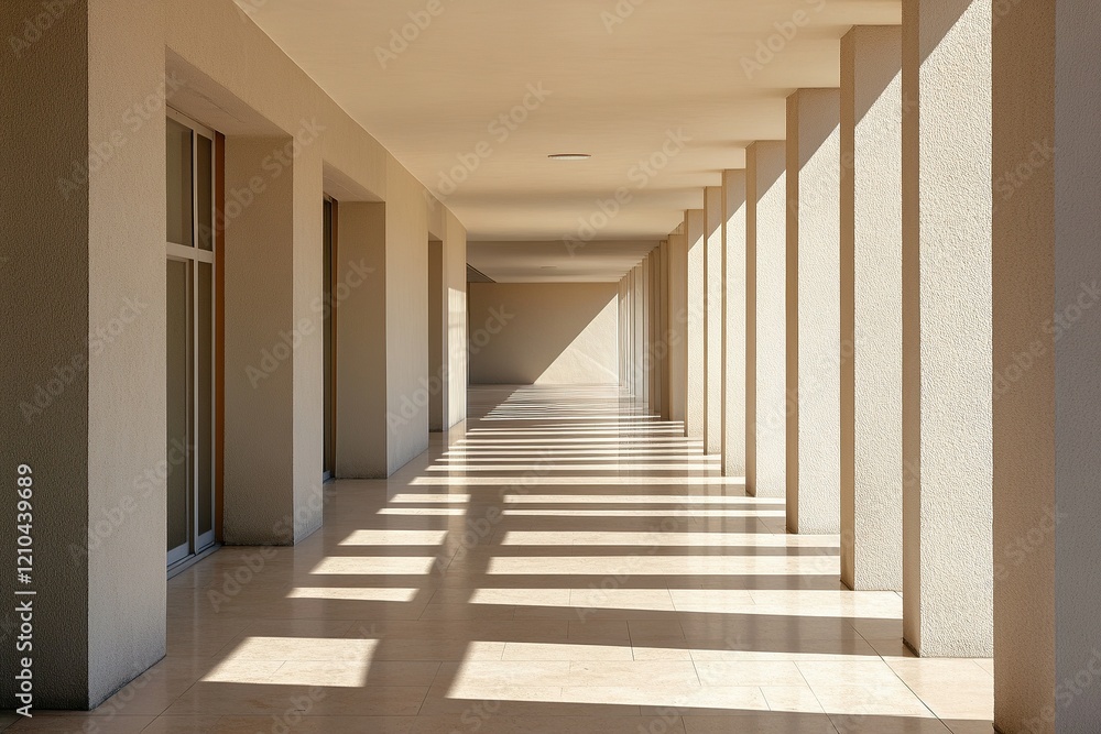 Sunlight creates patterned shadows on the corridor of a modern building in the afternoon Sunlight creates patterned shadows on the corridor of a modern building in the afternoon