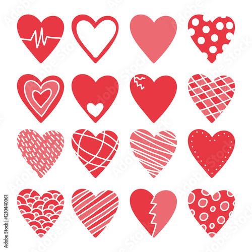 Collection of Red Heart Icons with Various Patterns and Designs