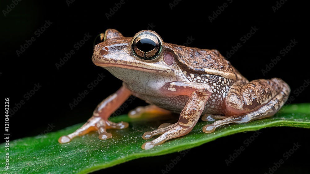 Obraz premium Close-up of a frog sitting on a leaf, showcasing intricate details and vibrant colors.
