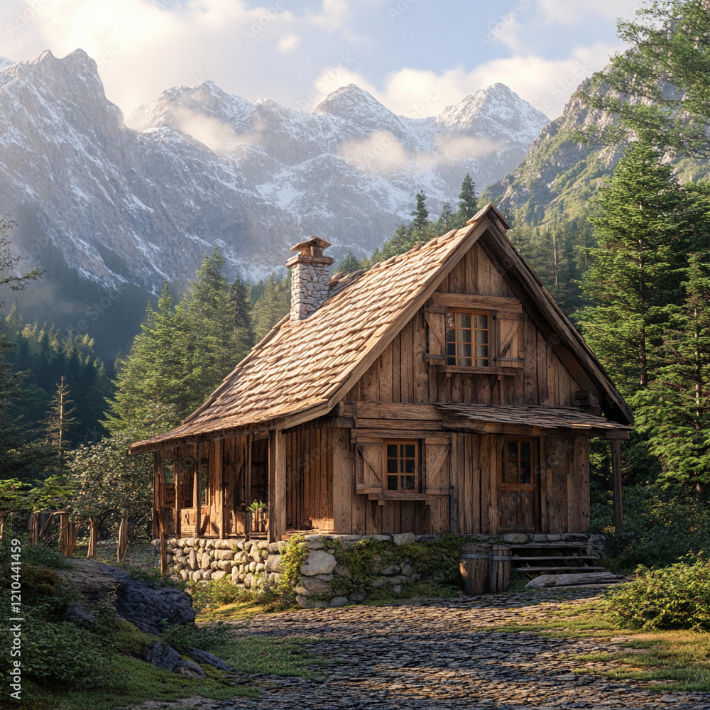 Obraz premium Cosy wooden cabin surrounded by mountains and pine trees in a peaceful forest setting