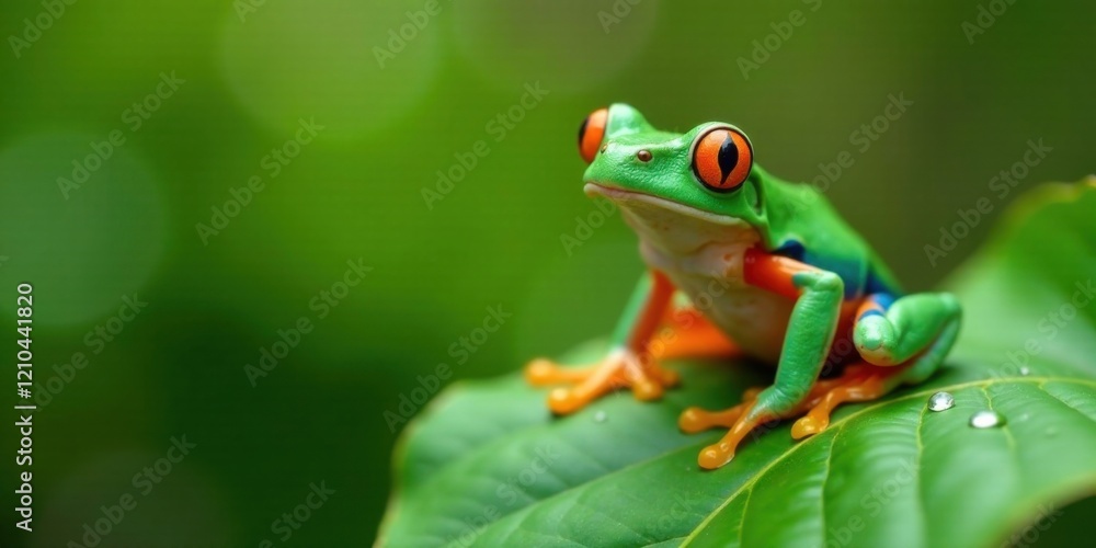 Vibrant Green Frog with Striking Orange Accents Perched on a Lush Green Leaf, Dew Drops Glistening, a Captivating Display of Nature's Beauty Vibrant Green Frog with Striking Orange Accents Perched on a Lush Green Leaf, Dew Drops Glistening, a Captivating Display of Nature's Beauty