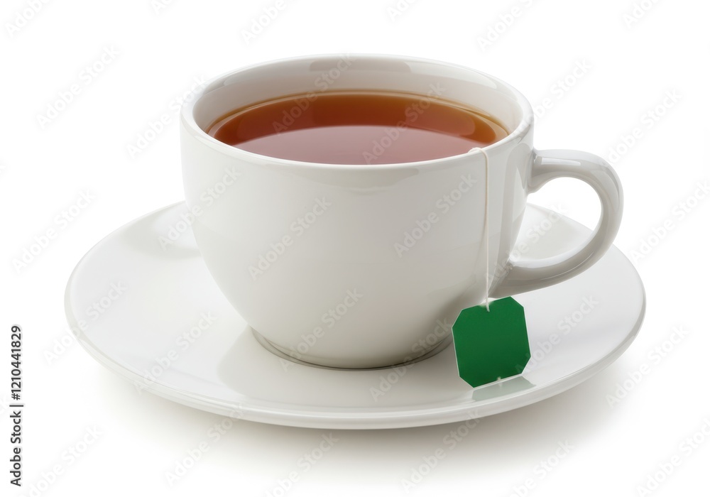 A white ceramic cup and saucer filled with tea with a green tea bag tag hanging over the edge isolated on a white background A white ceramic cup and saucer filled with tea with a green tea bag tag hanging over the edge isolated on a white background