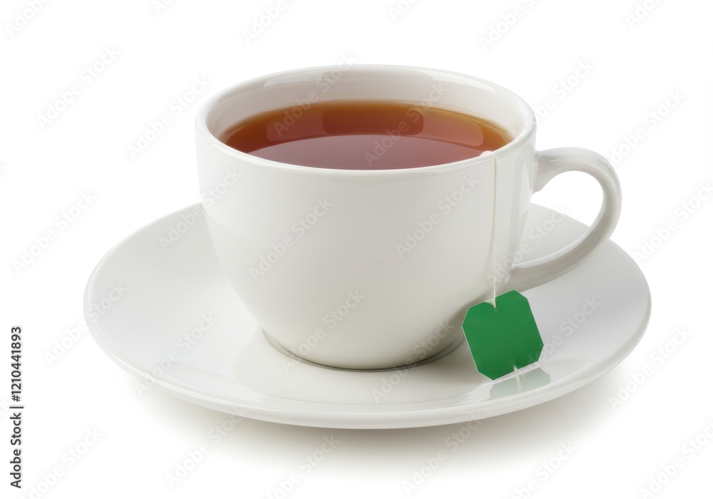 Fototapeta premium A white ceramic cup and saucer filled with tea with a green tea bag tag hanging over the edge isolated on a white background