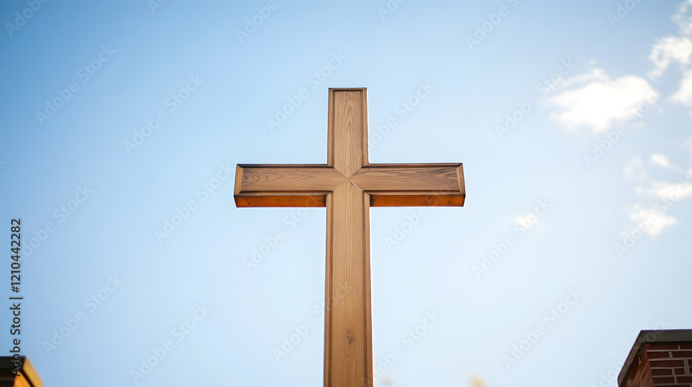 Wooden Cross Against Blue Sky Symbolizing Faith and Spirituality Outdoors : Generative AI Wooden Cross Against Blue Sky Symbolizing Faith and Spirituality Outdoors : Generative AI