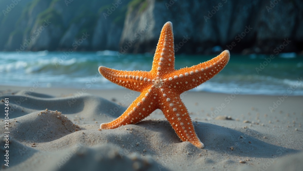 Vibrant starfish on sandy beach travel banner Vibrant starfish on sandy beach travel banner