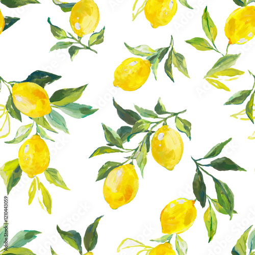 Beautiful vector seamless pattern with watercolor fresh lemons with leaves and flowers in sunny Mediterranean style. Ready summer print design for wallpapers, wrappings, textile.