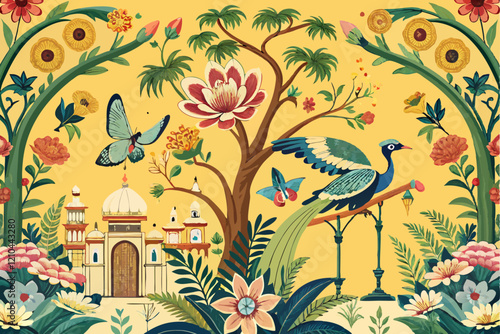 Toile tropical vintage botanical palm trees, banana tree, plants, banyan tree seamless border white background. Graphic jungle mural