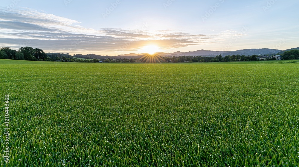 Obraz premium Sunrise over Dewy Green Field, Mountain View