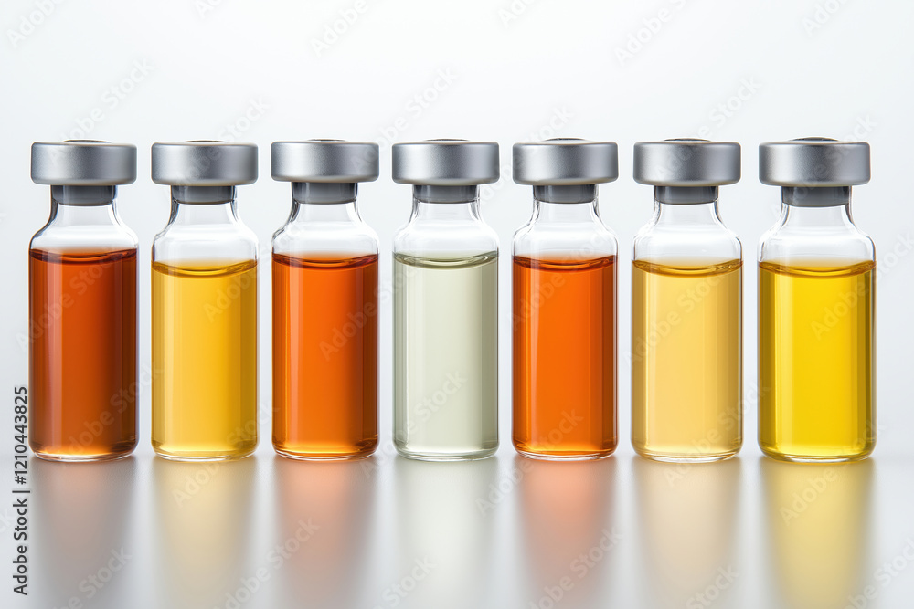 Variety of glass vials containing colored liquids lined up on a neutral background Variety of glass vials containing colored liquids lined up on a neutral background