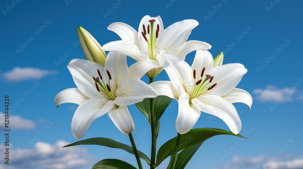 Fototapeta premium Three White Lilies Against Blue Sky