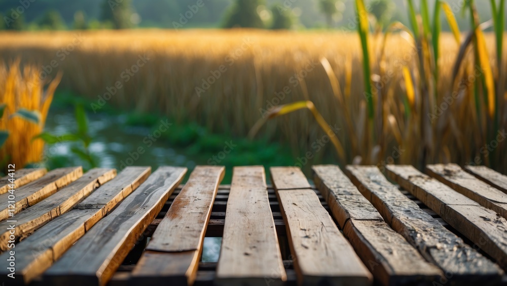 Fototapeta premium Wooden table displaying products with rice field view