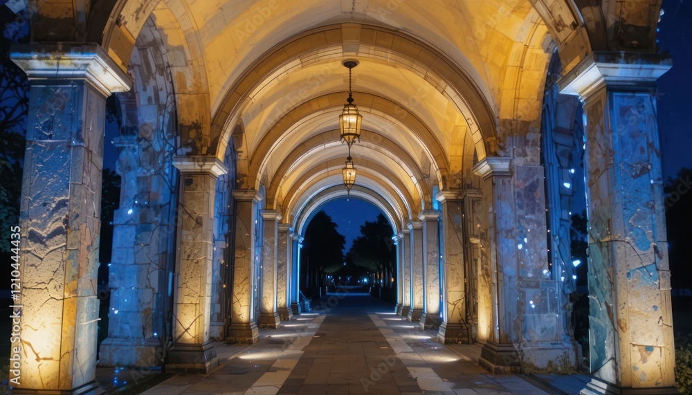 Nighttime arcade pathway, illuminated columns, park background, romantic setting Nighttime arcade pathway, illuminated columns, park background, romantic setting