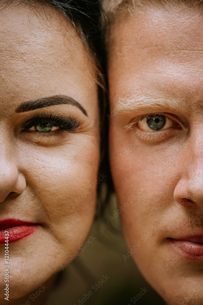 Close-up of a bride and groom’s faces, focusing on their eyes and expressions, symbolizing connection, love, and unity. Close-up of a bride and groom’s faces, focusing on their eyes and expressions, symbolizing connection, love, and unity.