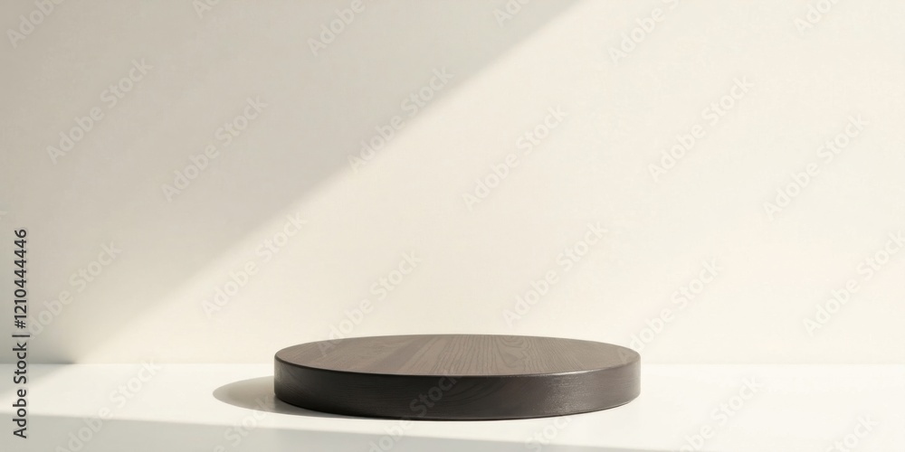 Minimalist Dark Wooden Round Display Platform Against a Light Wall with Soft Sunlight Shadows Minimalist Dark Wooden Round Display Platform Against a Light Wall with Soft Sunlight Shadows