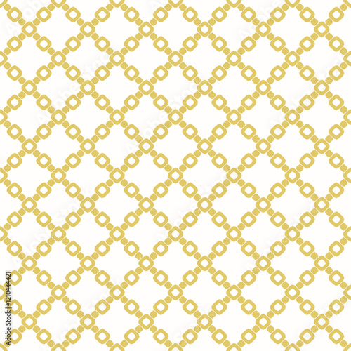 Vector abstract grid seamless pattern. Geometric texture with rounded shapes, curved lines, mesh, lattice, chains. Simple gold and white ornamental background. Repeating golden design for decor, print