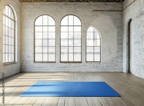 Empty Yoga Studio with Blue Mat and Large Windows in a Converted Brick Warehouse Space