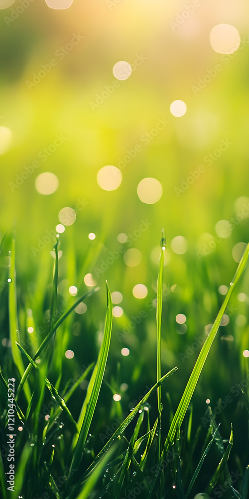 Fototapeta premium Vibrant Green Grass Blades with Morning Dew Under Soft Sunlight Capturing Freshness : Generative AI