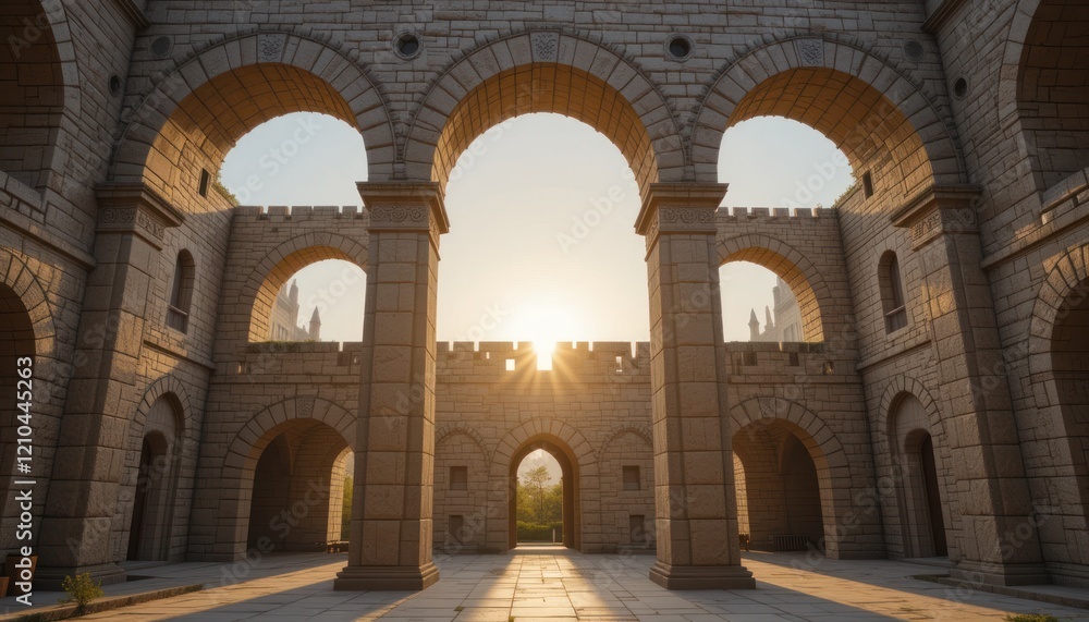 Sunset arches, castle courtyard, medieval architecture, game background Sunset arches, castle courtyard, medieval architecture, game background