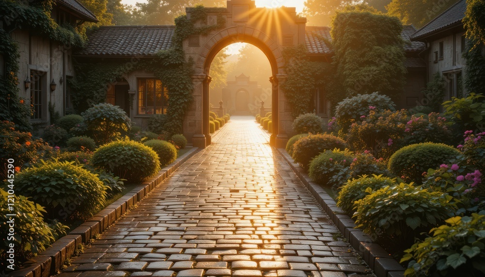 Fototapeta premium Sunlit stone path through arched garden gate at sunrise
