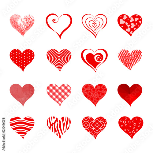 Set of Red Hearts with Unique Patterns and Abstract Designs