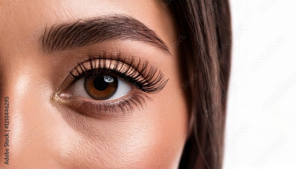 Fototapeta premium a close-up of a woman's eye with long, thick eyelashes. The eye is brown, and the eyelashes are black and full. The look is soft and feminine. The image is perfect for beauty, fashion, and makeup. 