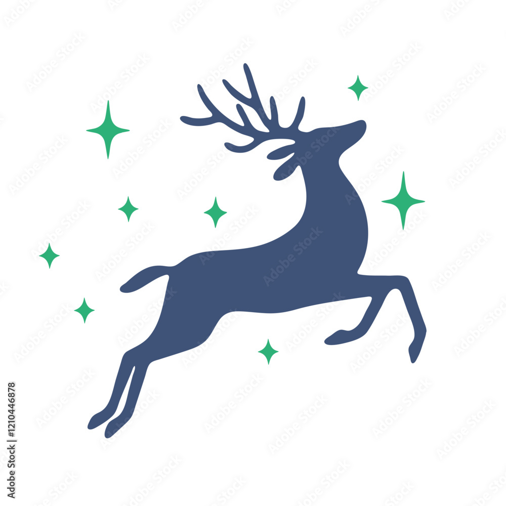 A stylized silhouette of a leaping deer with antlers , colored in dark blue . A stylized silhouette of a leaping deer with antlers , colored in dark blue .